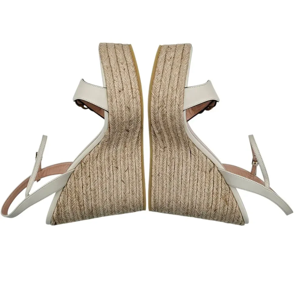 Gucci GG Marmont Aitana Platform Wedge Sandal White Leather Gold Size 41 US 11
